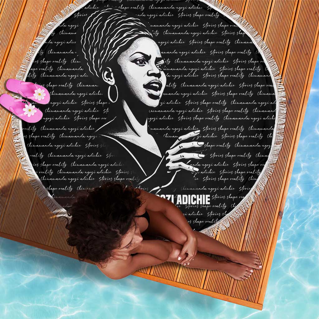 Chimamanda Ngozi Adichie Beach Blanket with Expressive Speaking Portrait, Stories Shape Reality - Wonder Print Shop