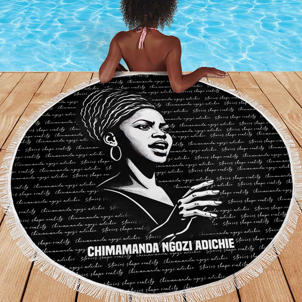 Chimamanda Ngozi Adichie Beach Blanket with Expressive Speaking Portrait, Stories Shape Reality - Wonder Print Shop