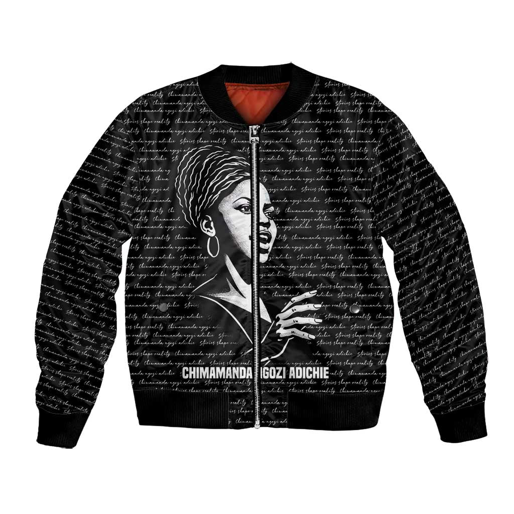 Chimamanda Ngozi Adichie Bomber Jacket with Expressive Speaking Portrait, Stories Shape Reality - Wonder Print Shop