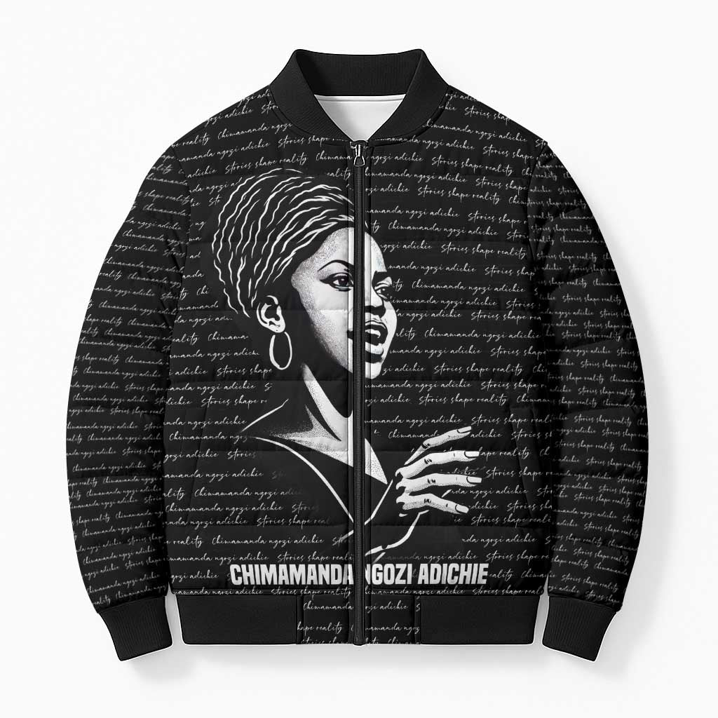 Chimamanda Ngozi Adichie Bomber Puffer Jacket with Expressive Speaking Portrait, Stories Shape Reality - Wonder Print Shop