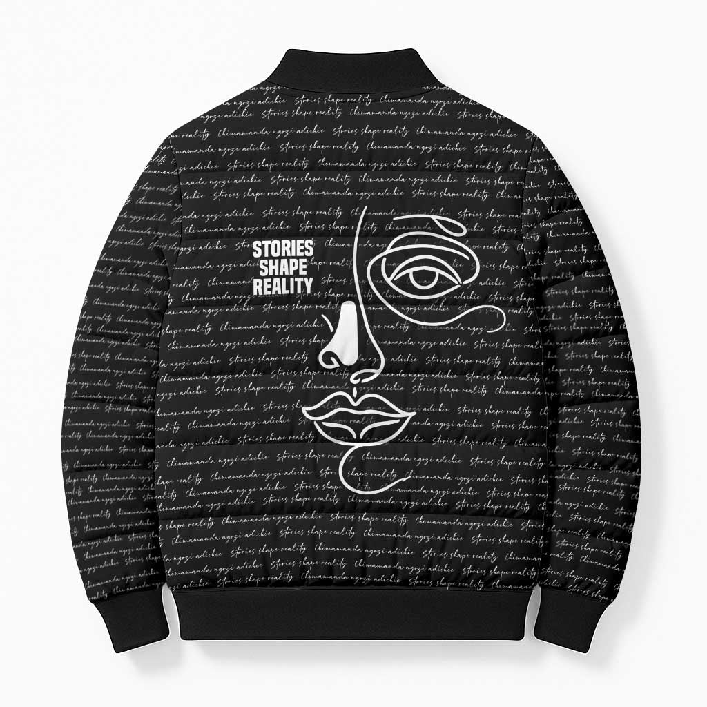 Chimamanda Ngozi Adichie Bomber Puffer Jacket with Expressive Speaking Portrait, Stories Shape Reality - Wonder Print Shop