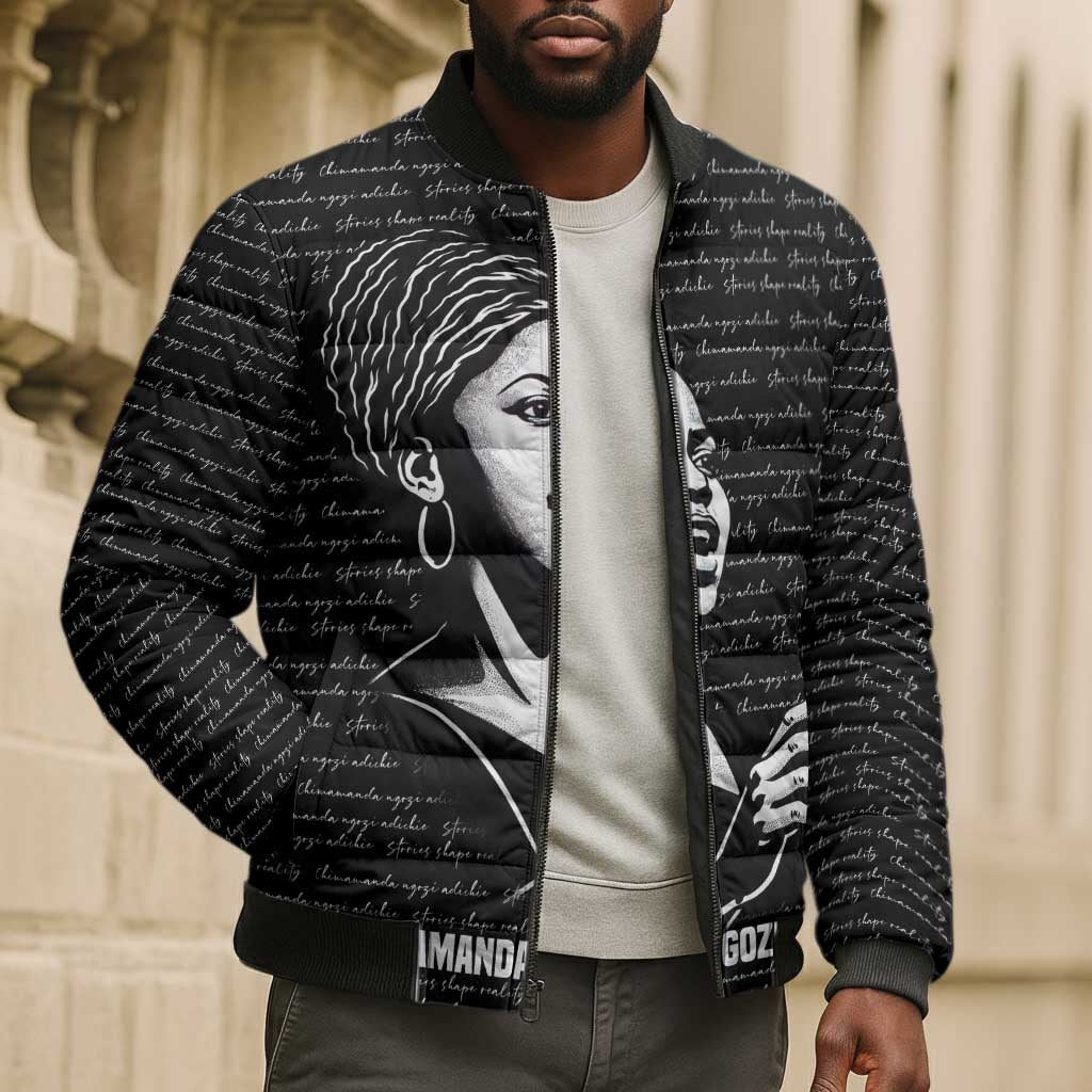 Chimamanda Ngozi Adichie Bomber Puffer Jacket with Expressive Speaking Portrait, Stories Shape Reality - Wonder Print Shop
