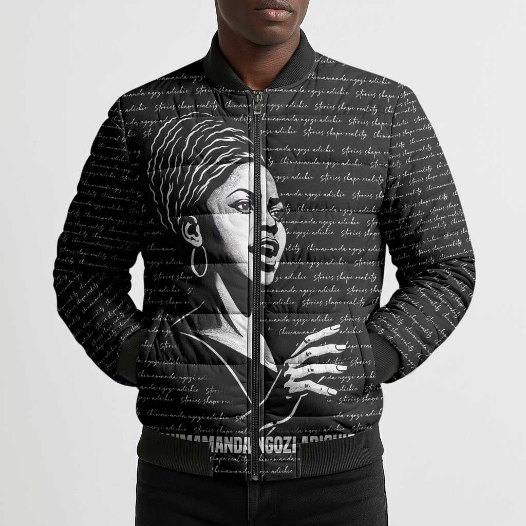 Chimamanda Ngozi Adichie Bomber Puffer Jacket with Expressive Speaking Portrait, Stories Shape Reality - Wonder Print Shop