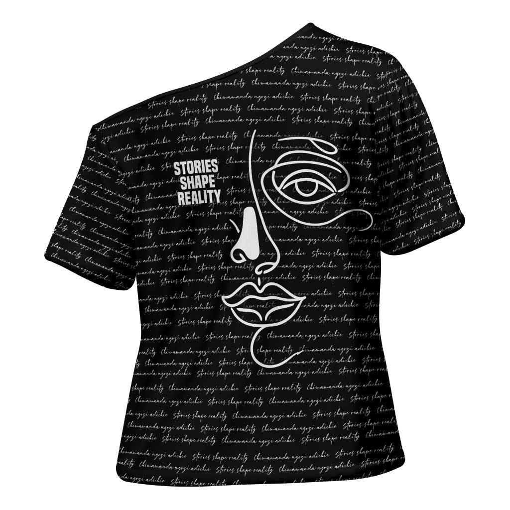 Chimamanda Ngozi Adichie Cross Shoulder Shirt with Expressive Speaking Portrait, Stories Shape Reality - Wonder Print Shop