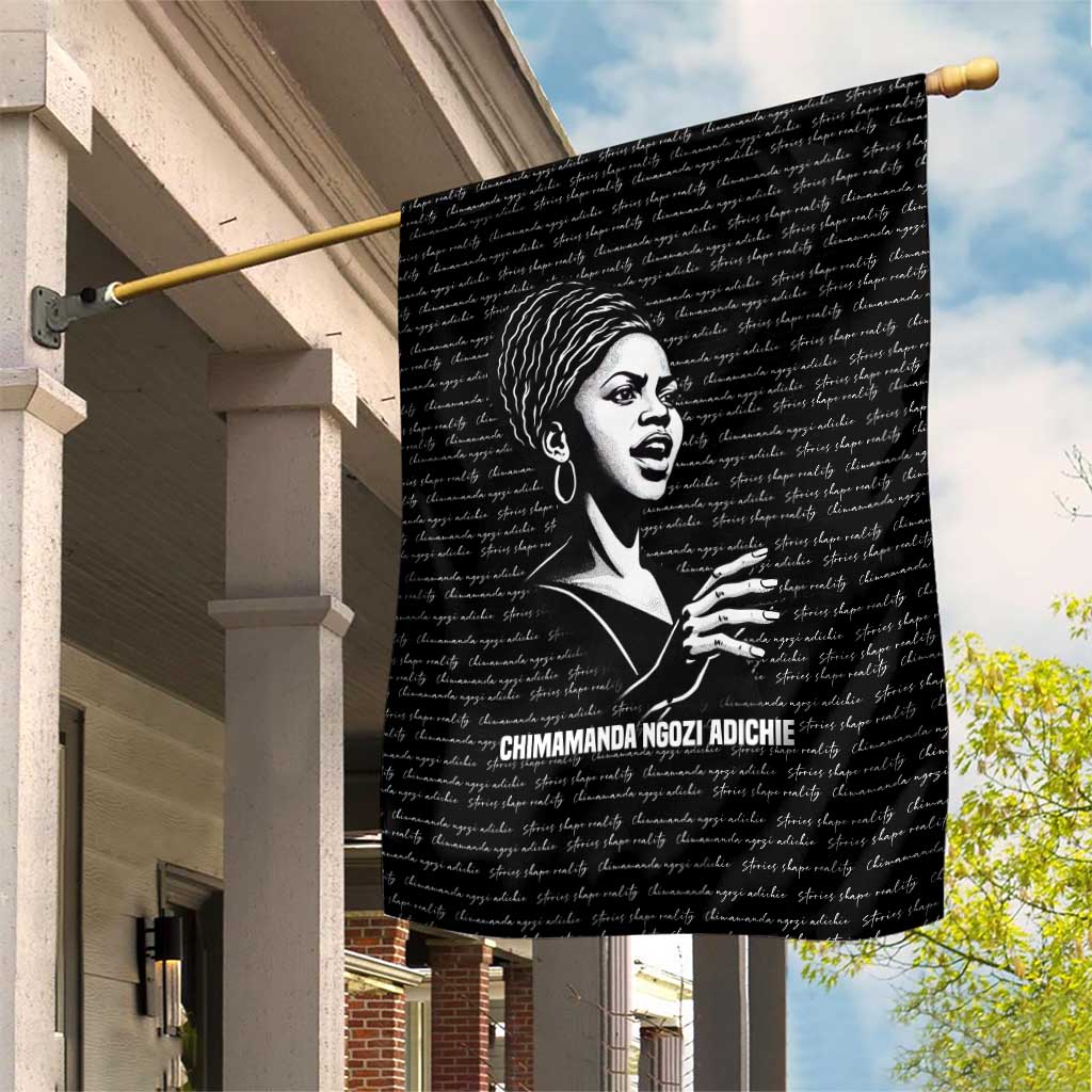 Chimamanda Ngozi Adichie Garden Flag with Expressive Speaking Portrait, Stories Shape Reality - Wonder Print Shop