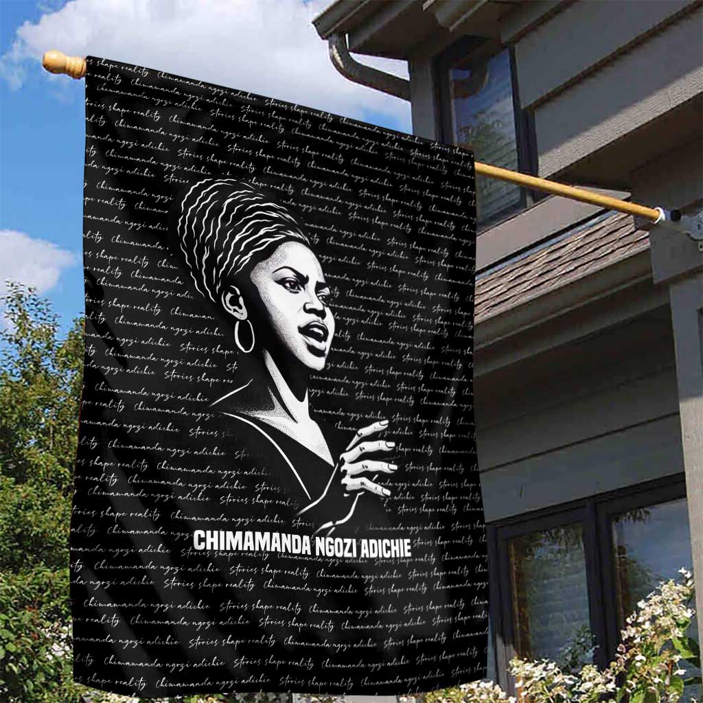Chimamanda Ngozi Adichie Garden Flag with Expressive Speaking Portrait, Stories Shape Reality - Wonder Print Shop