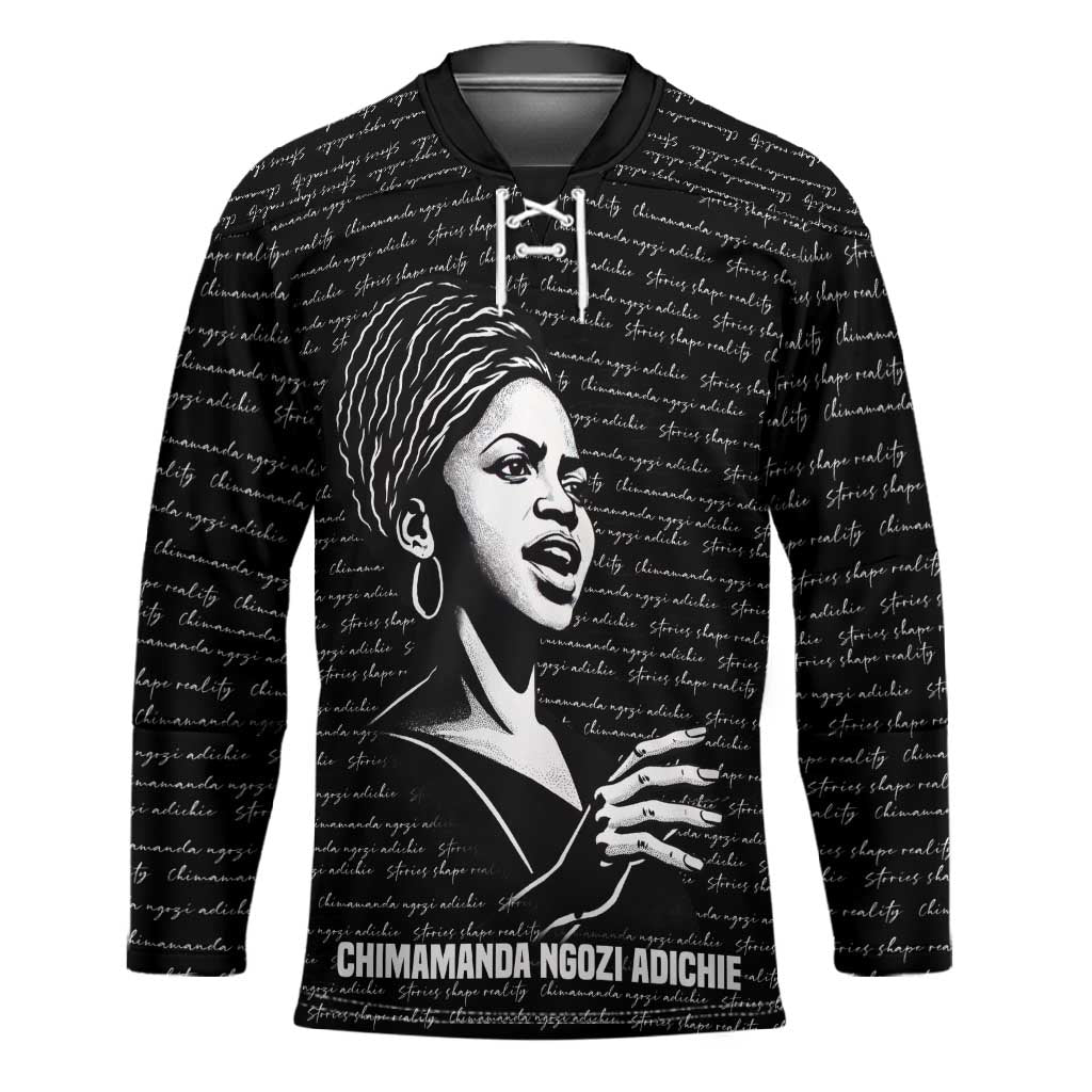 Chimamanda Ngozi Adichie Hockey Jersey with Expressive Speaking Portrait, Stories Shape Reality - Wonder Print Shop