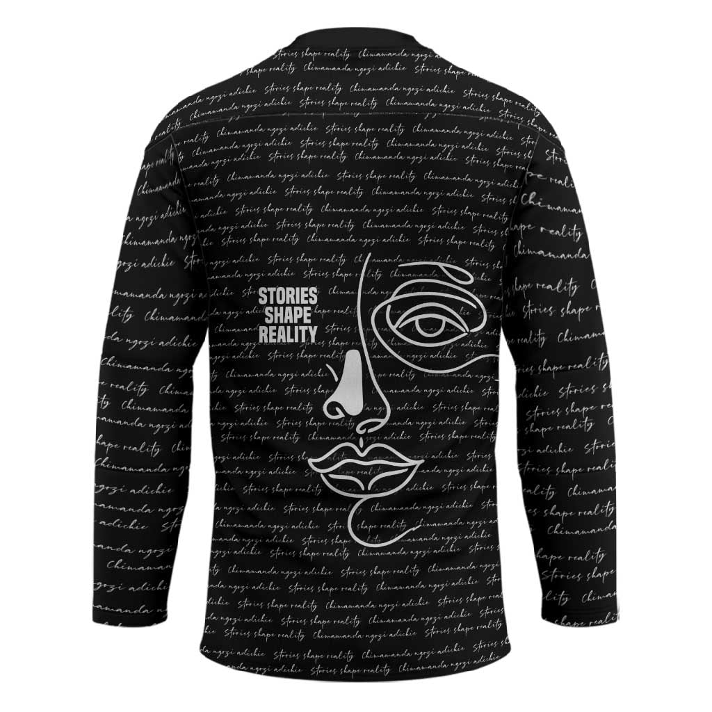 Chimamanda Ngozi Adichie Hockey Jersey with Expressive Speaking Portrait, Stories Shape Reality - Wonder Print Shop
