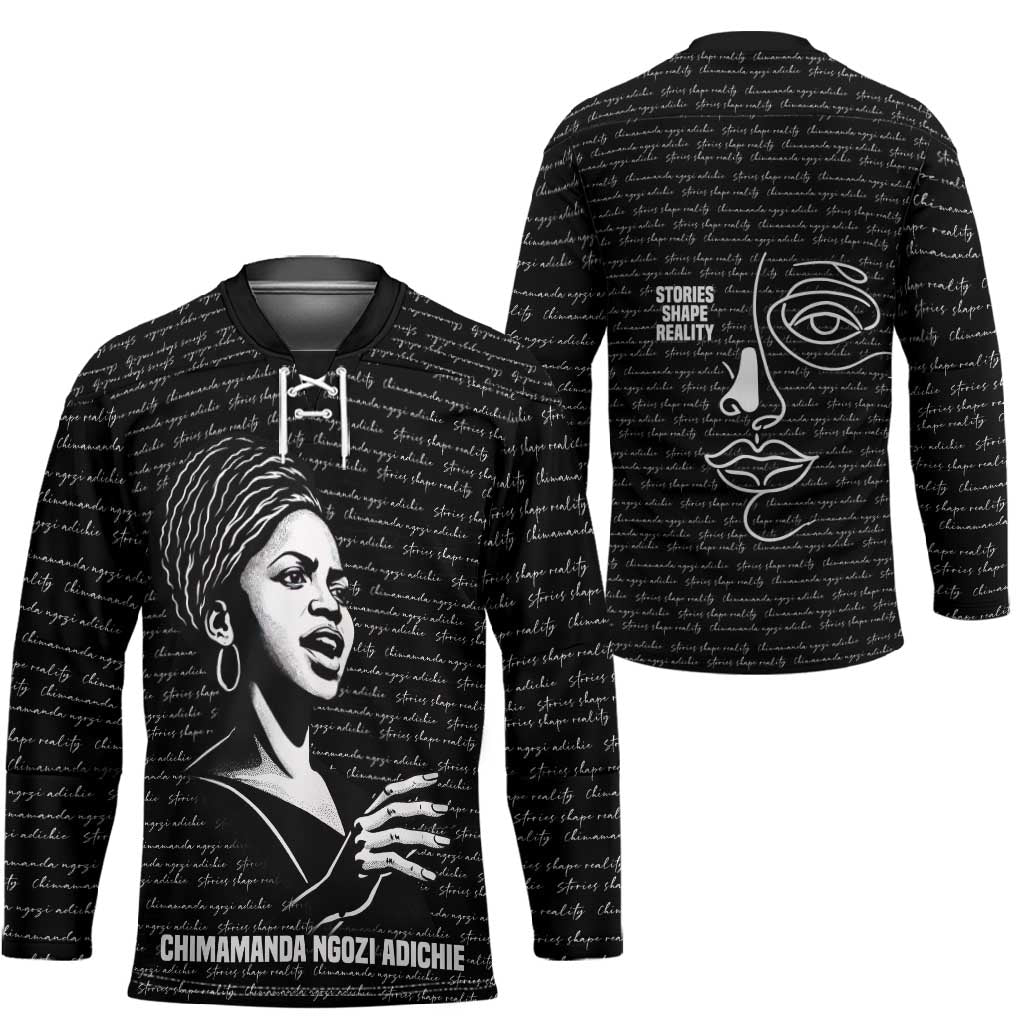 Chimamanda Ngozi Adichie Hockey Jersey with Expressive Speaking Portrait, Stories Shape Reality - Wonder Print Shop
