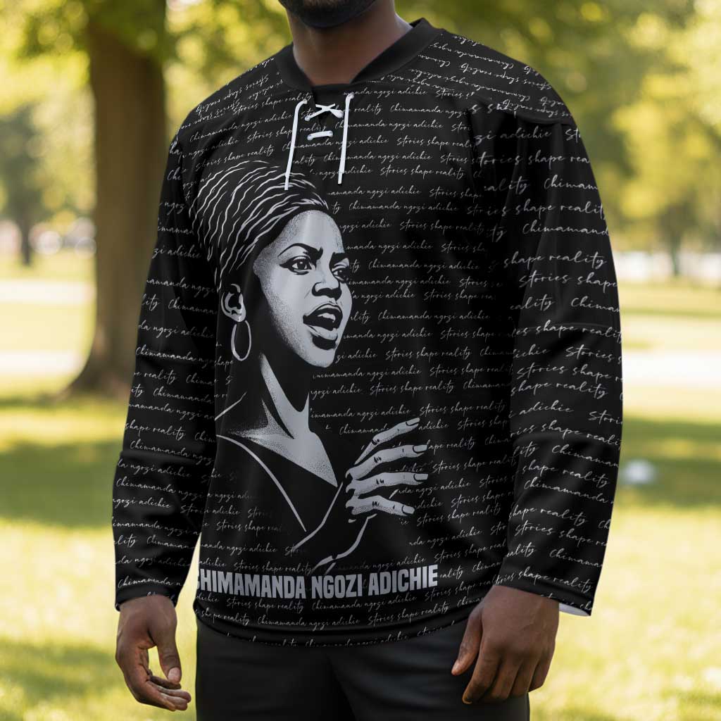 Chimamanda Ngozi Adichie Hockey Jersey with Expressive Speaking Portrait, Stories Shape Reality - Wonder Print Shop