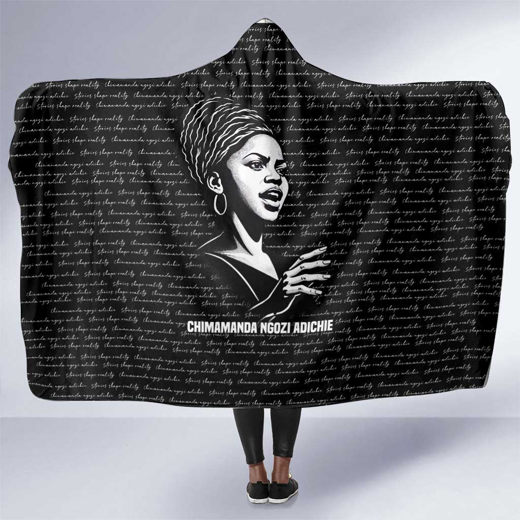 Chimamanda Ngozi Adichie Hooded Blanket with Expressive Speaking Portrait, Stories Shape Reality - Wonder Print Shop