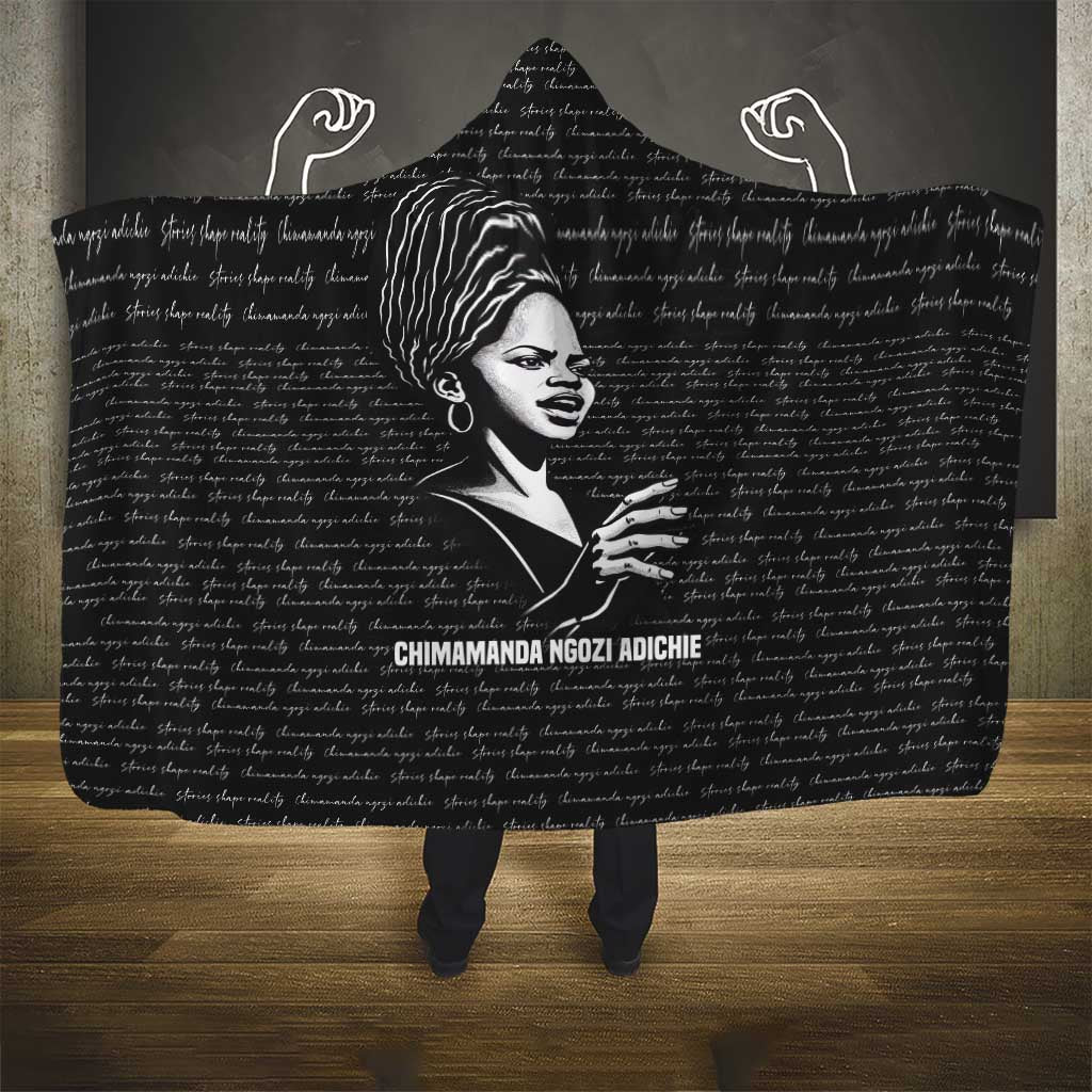 Chimamanda Ngozi Adichie Hooded Blanket with Expressive Speaking Portrait, Stories Shape Reality - Wonder Print Shop