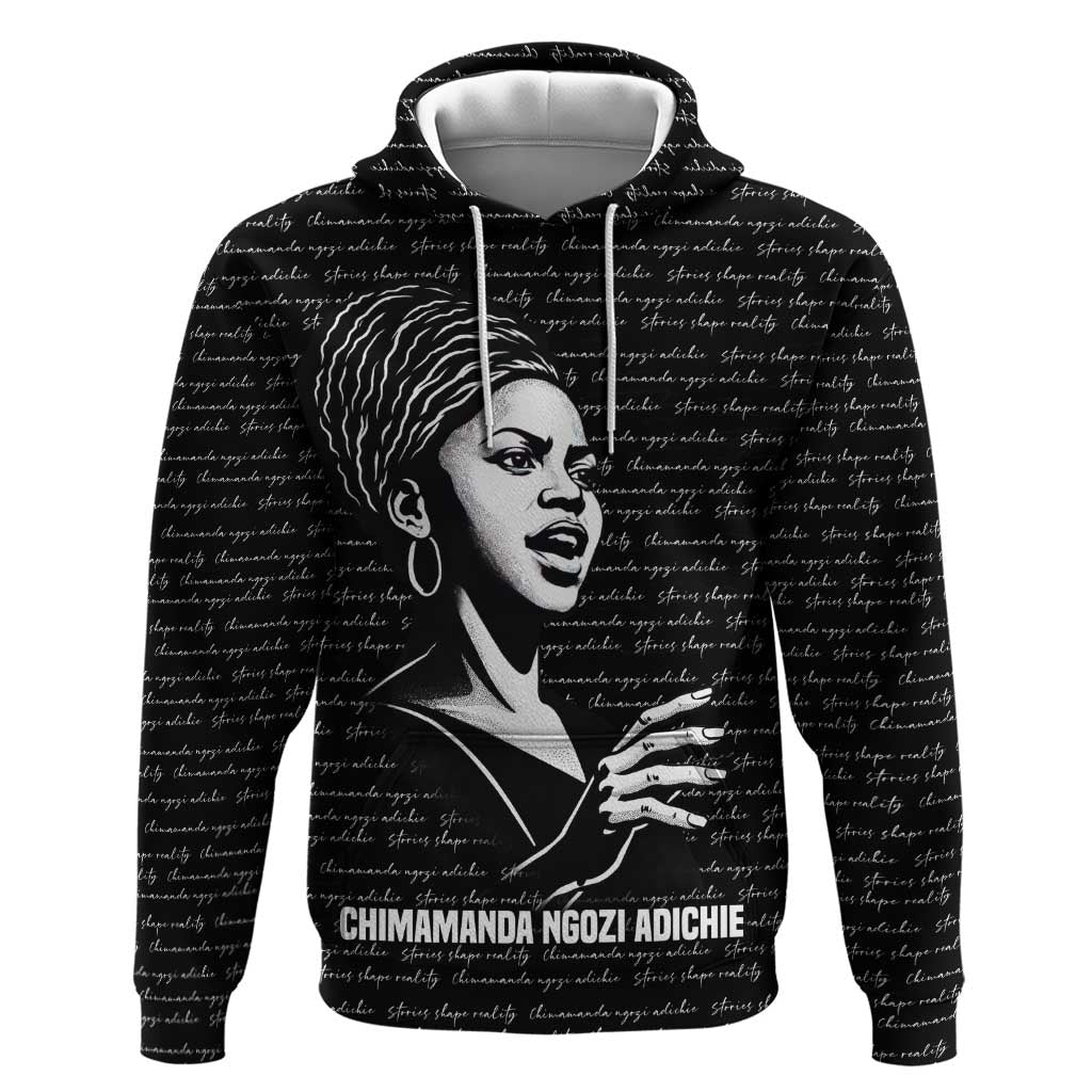 Chimamanda Ngozi Adichie Hoodie with Expressive Speaking Portrait, Stories Shape Reality - Wonder Print Shop