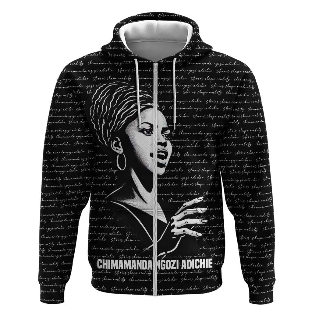 Chimamanda Ngozi Adichie Hoodie with Expressive Speaking Portrait, Stories Shape Reality - Wonder Print Shop