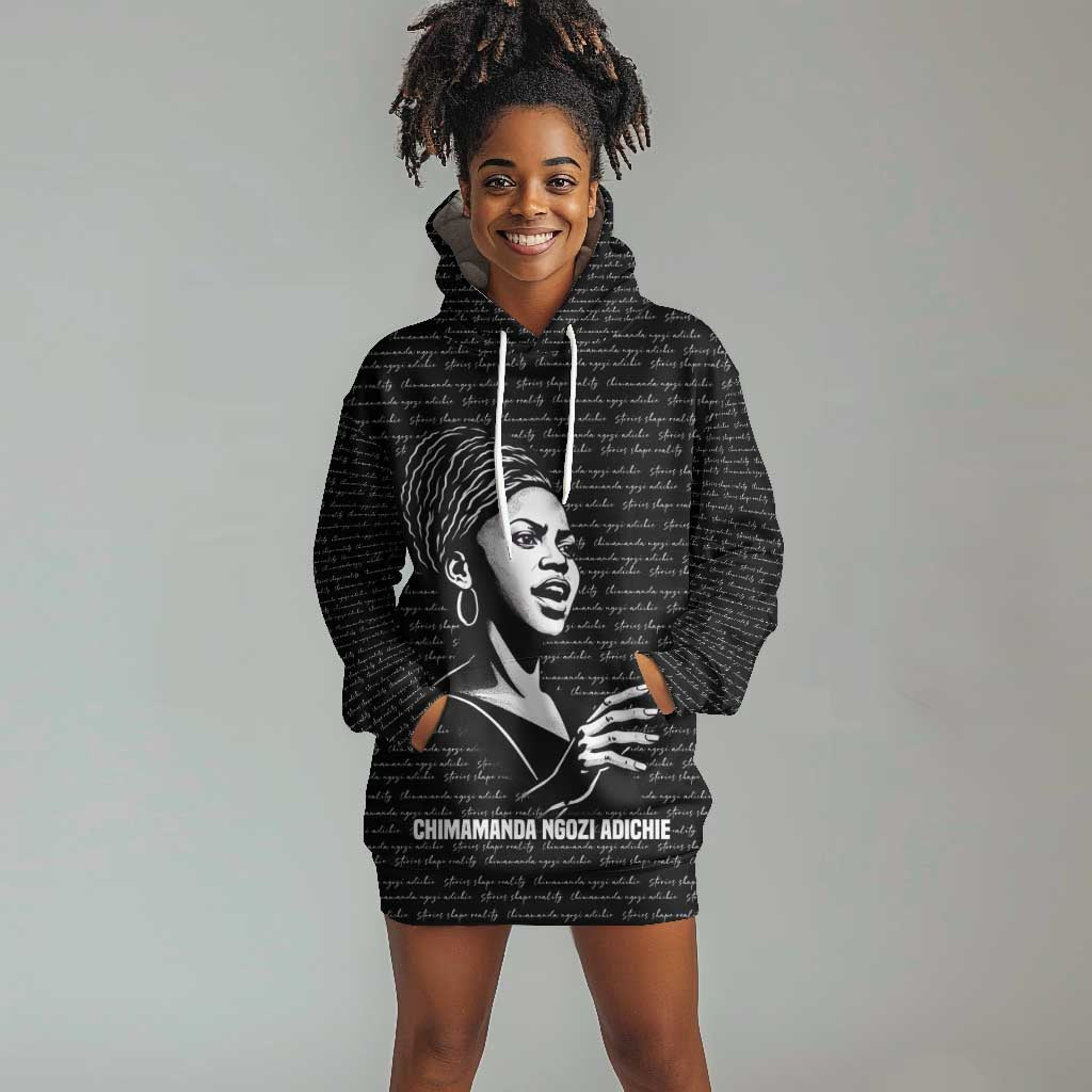 Chimamanda Ngozi Adichie Hoodie Dress with Expressive Speaking Portrait, Stories Shape Reality - Wonder Print Shop