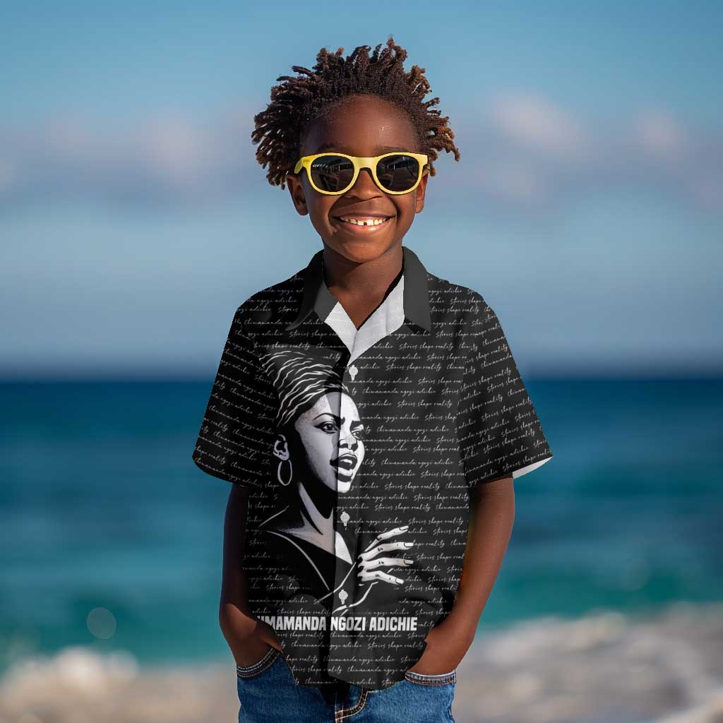 Chimamanda Ngozi Adichie Kid Hawaiian Shirt with Expressive Speaking Portrait, Stories Shape Reality - Wonder Print Shop