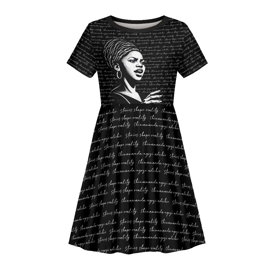 Chimamanda Ngozi Adichie Kid Short Sleeve Dress with Expressive Speaking Portrait, Stories Shape Reality - Wonder Print Shop