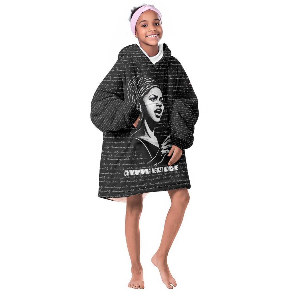 Chimamanda Ngozi Adichie Kid Wearable Blanket Hoodie with Expressive Speaking Portrait, Stories Shape Reality - Wonder Print Shop