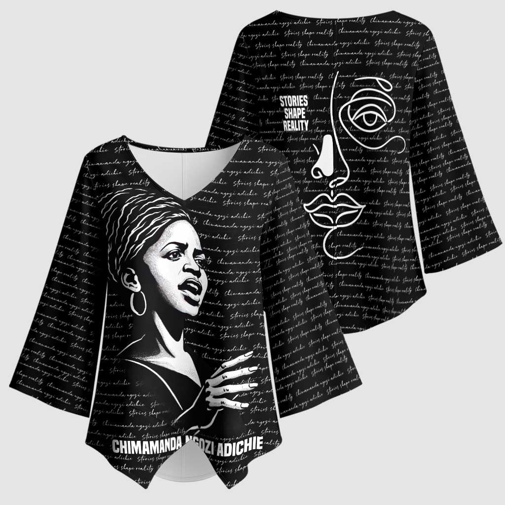 Chimamanda Ngozi Adichie Kimono Sleeve Blouse with Expressive Speaking Portrait, Stories Shape Reality - Wonder Print Shop