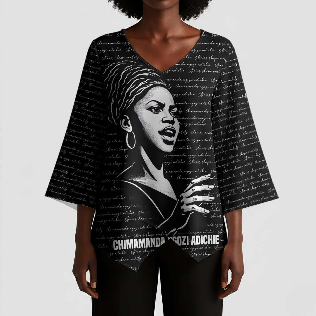 Chimamanda Ngozi Adichie Kimono Sleeve Blouse with Expressive Speaking Portrait, Stories Shape Reality - Wonder Print Shop