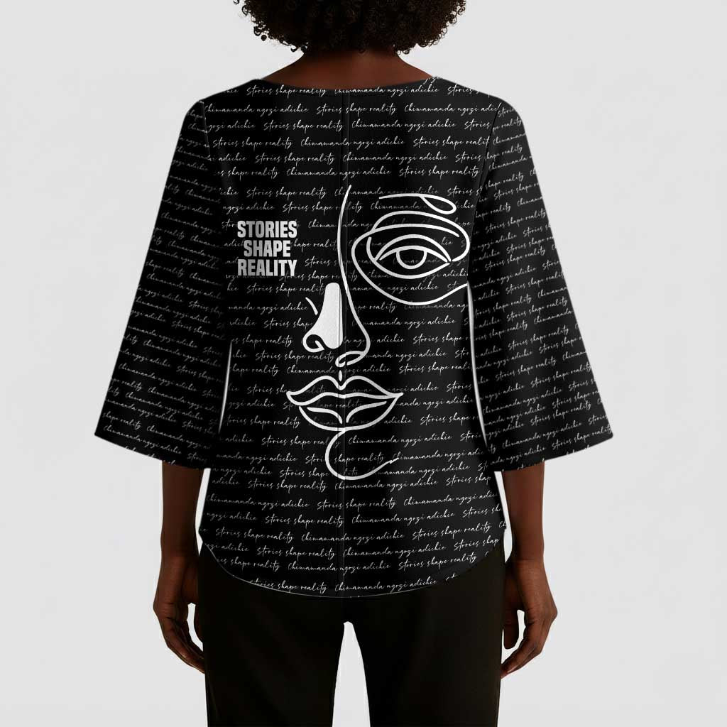 Chimamanda Ngozi Adichie Kimono Sleeve Blouse with Expressive Speaking Portrait, Stories Shape Reality - Wonder Print Shop
