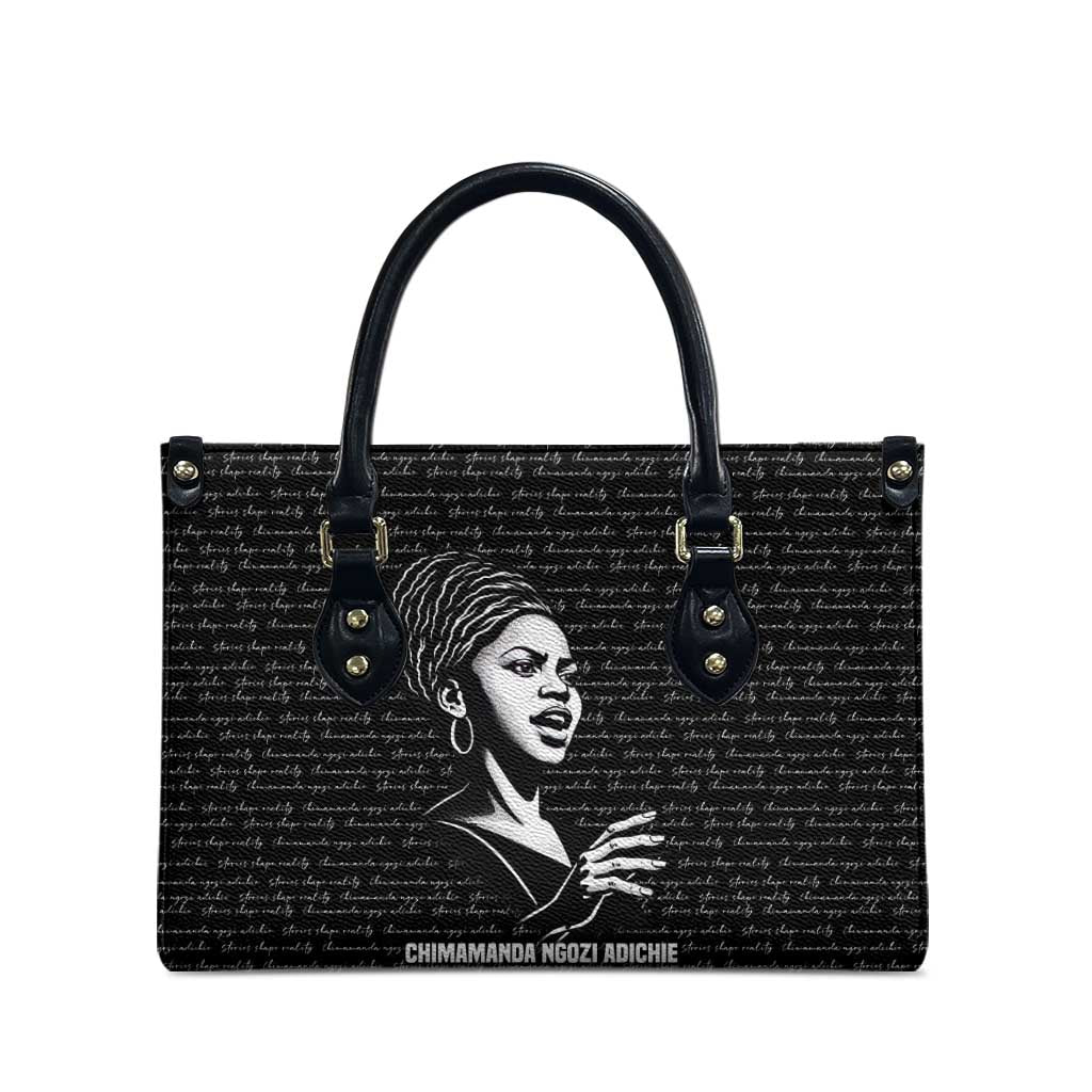 Chimamanda Ngozi Adichie Leather Bag with Expressive Speaking Portrait, Stories Shape Reality - Wonder Print Shop