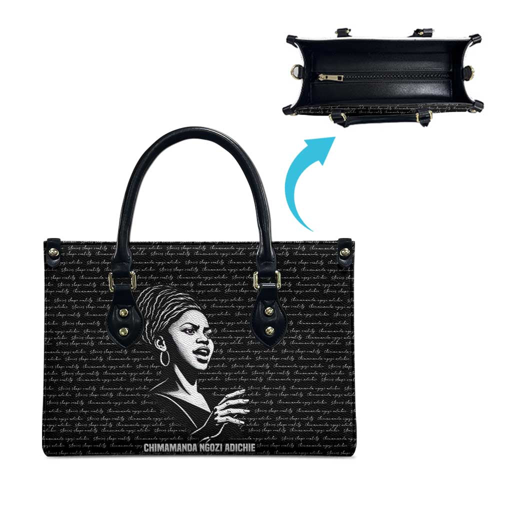 Chimamanda Ngozi Adichie Leather Bag with Expressive Speaking Portrait, Stories Shape Reality - Wonder Print Shop