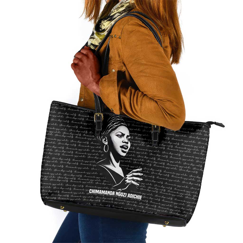 Chimamanda Ngozi Adichie Leather Tote Bag with Expressive Speaking Portrait, Stories Shape Reality - Wonder Print Shop