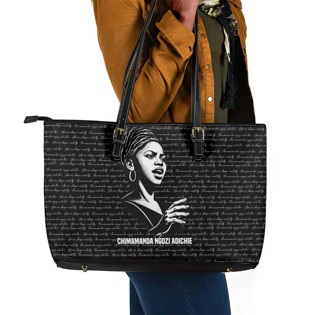 Chimamanda Ngozi Adichie Leather Tote Bag with Expressive Speaking Portrait, Stories Shape Reality - Wonder Print Shop