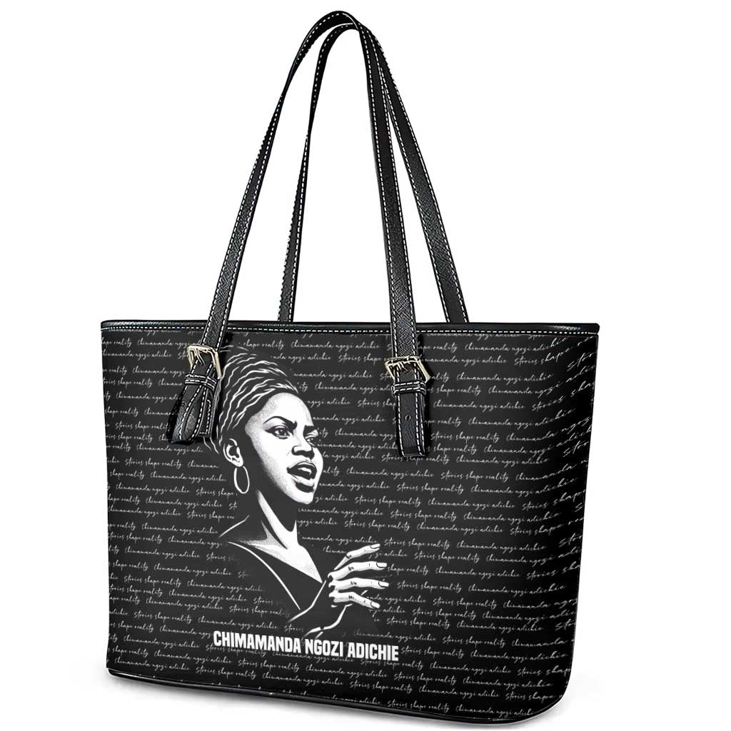 Chimamanda Ngozi Adichie Leather Tote Bag with Expressive Speaking Portrait, Stories Shape Reality - Wonder Print Shop