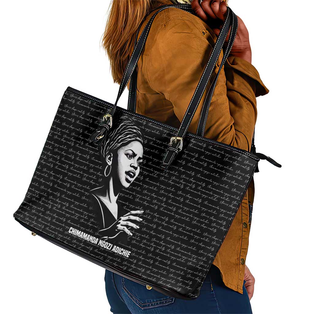 Chimamanda Ngozi Adichie Leather Tote Bag with Expressive Speaking Portrait, Stories Shape Reality - Wonder Print Shop
