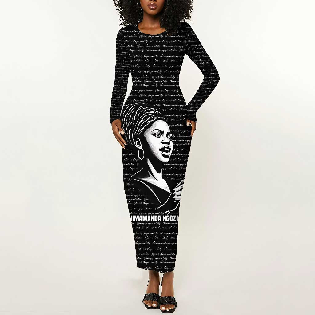 Chimamanda Ngozi Adichie Long Sleeve Bodycon Dress with Expressive Speaking Portrait, Stories Shape Reality - Wonder Print Shop