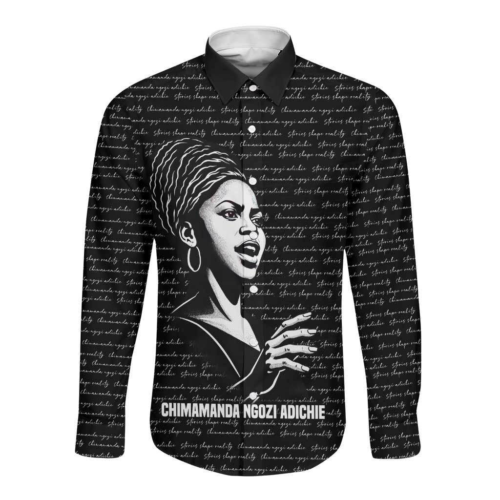 Chimamanda Ngozi Adichie Long Sleeve Button Shirt with Expressive Speaking Portrait, Stories Shape Reality - Wonder Print Shop