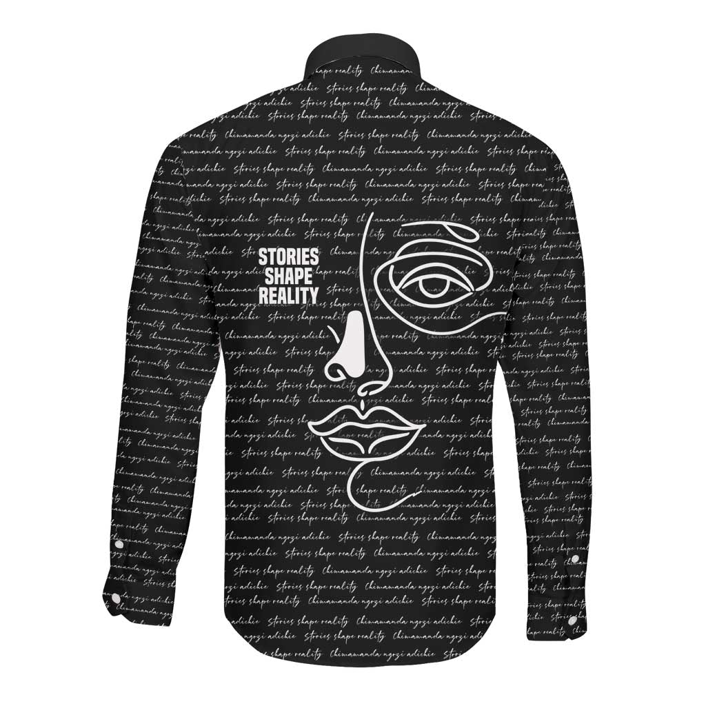 Chimamanda Ngozi Adichie Long Sleeve Button Shirt with Expressive Speaking Portrait, Stories Shape Reality - Wonder Print Shop