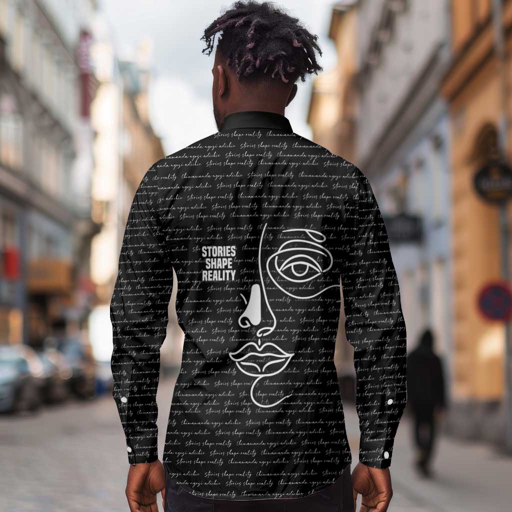 Chimamanda Ngozi Adichie Long Sleeve Button Shirt with Expressive Speaking Portrait, Stories Shape Reality - Wonder Print Shop