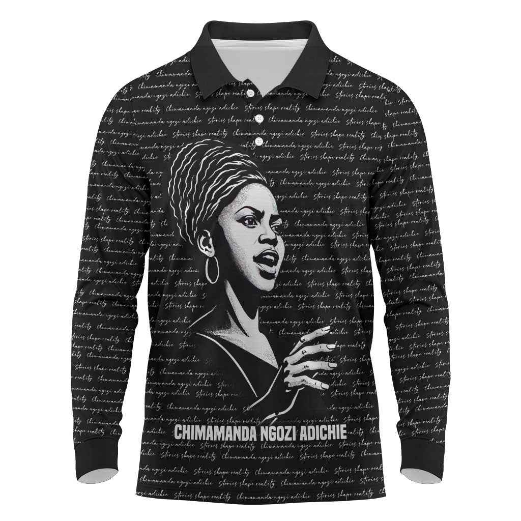 Chimamanda Ngozi Adichie Long Sleeve Polo Shirt with Expressive Speaking Portrait, Stories Shape Reality - Wonder Print Shop