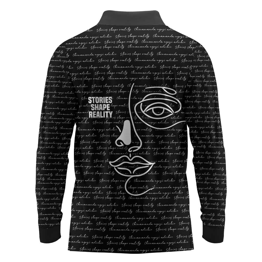 Chimamanda Ngozi Adichie Long Sleeve Polo Shirt with Expressive Speaking Portrait, Stories Shape Reality - Wonder Print Shop
