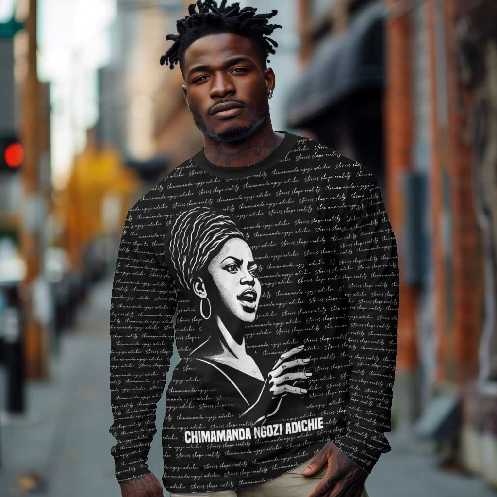 Chimamanda Ngozi Adichie Long Sleeve Shirt with Expressive Speaking Portrait, Stories Shape Reality - Wonder Print Shop