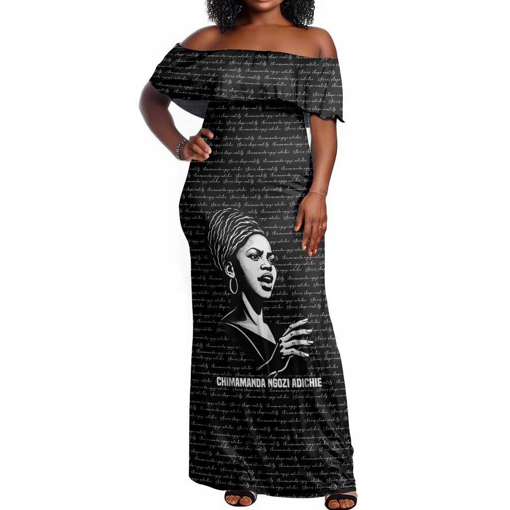 Chimamanda Ngozi Adichie Off Shoulder Maxi Dress with Expressive Speaking Portrait, Stories Shape Reality - Wonder Print Shop