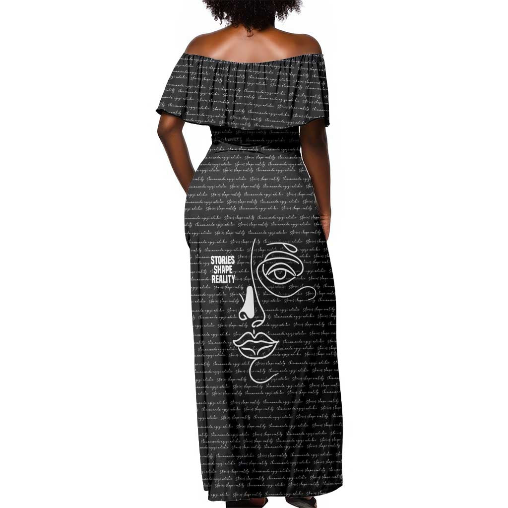 Chimamanda Ngozi Adichie Off Shoulder Maxi Dress with Expressive Speaking Portrait, Stories Shape Reality - Wonder Print Shop