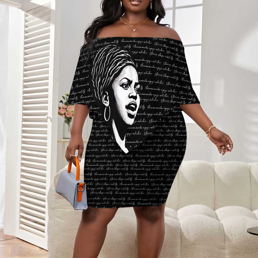Chimamanda Ngozi Adichie Off Shoulder Short Dress with Expressive Speaking Portrait, Stories Shape Reality - Wonder Print Shop