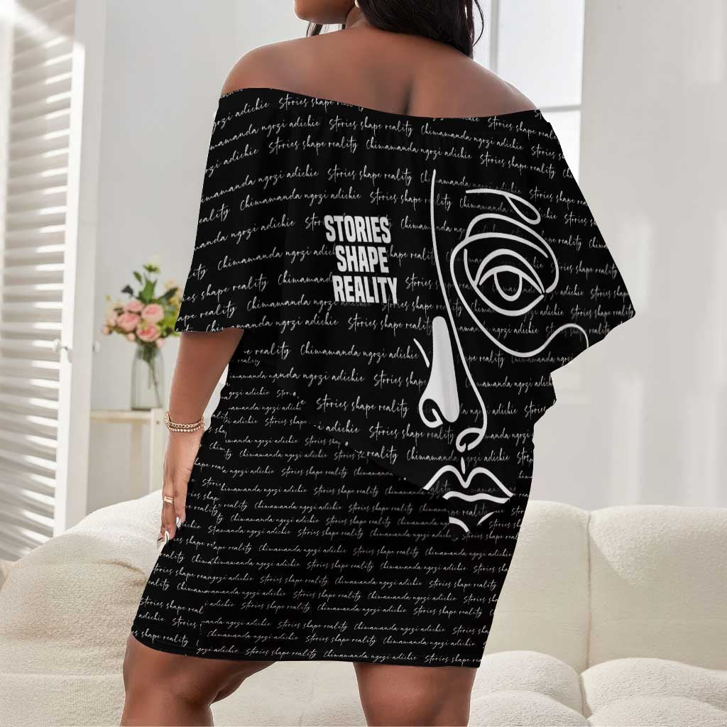 Chimamanda Ngozi Adichie Off Shoulder Short Dress with Expressive Speaking Portrait, Stories Shape Reality - Wonder Print Shop