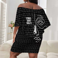 Chimamanda Ngozi Adichie Off Shoulder Short Dress with Expressive Speaking Portrait, Stories Shape Reality - Wonder Print Shop
