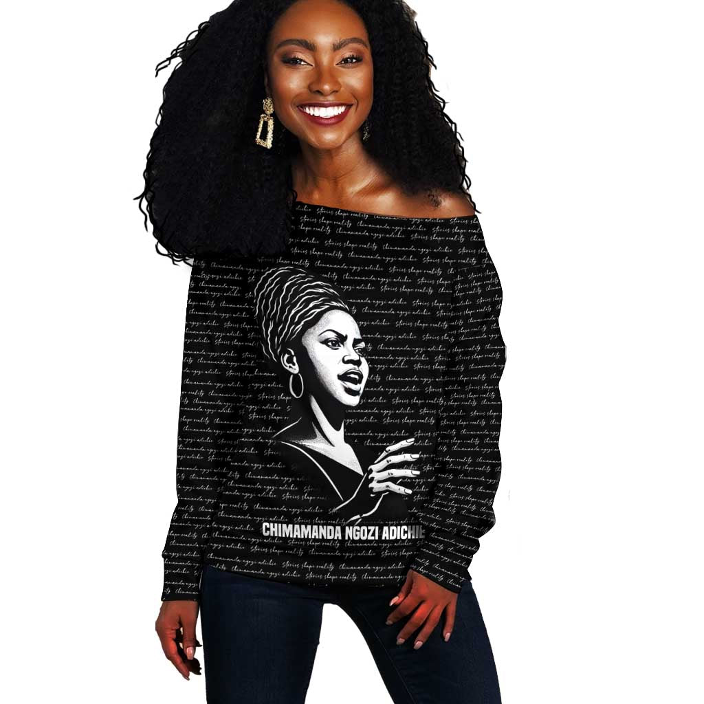 Chimamanda Ngozi Adichie Off Shoulder Sweater with Expressive Speaking Portrait, Stories Shape Reality - Wonder Print Shop