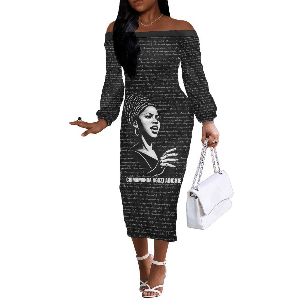 Chimamanda Ngozi Adichie Off The Shoulder Long Sleeve Dress with Expressive Speaking Portrait, Stories Shape Reality - Wonder Print Shop
