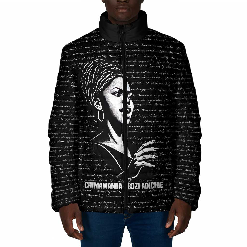 Chimamanda Ngozi Adichie Padded Jacket with Expressive Speaking Portrait, Stories Shape Reality - Wonder Print Shop
