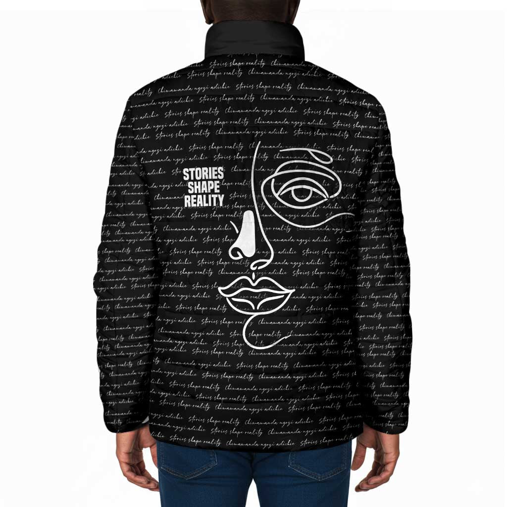 Chimamanda Ngozi Adichie Padded Jacket with Expressive Speaking Portrait, Stories Shape Reality - Wonder Print Shop