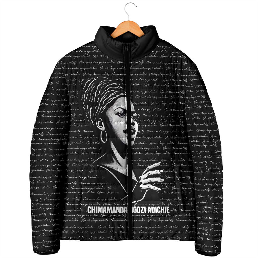 Chimamanda Ngozi Adichie Padded Jacket with Expressive Speaking Portrait, Stories Shape Reality - Wonder Print Shop