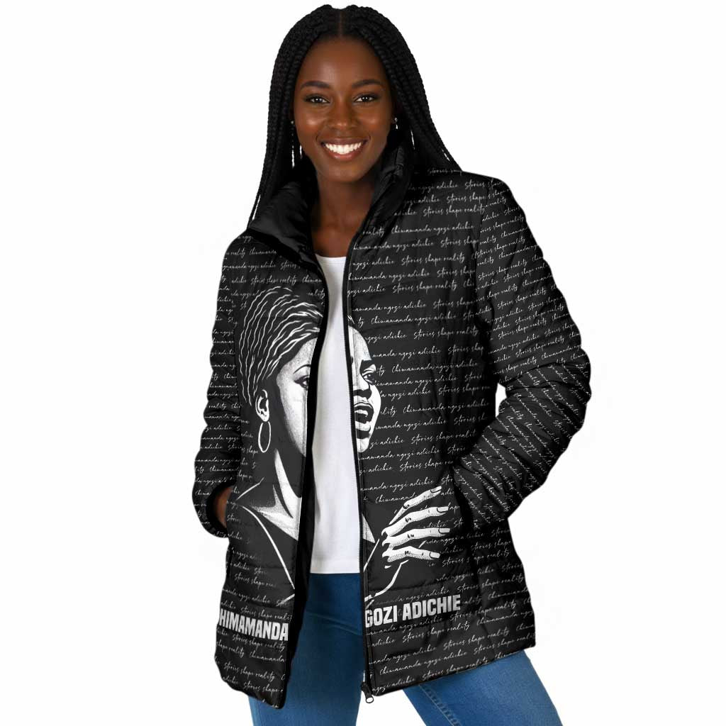 Chimamanda Ngozi Adichie Padded Jacket with Expressive Speaking Portrait, Stories Shape Reality - Wonder Print Shop