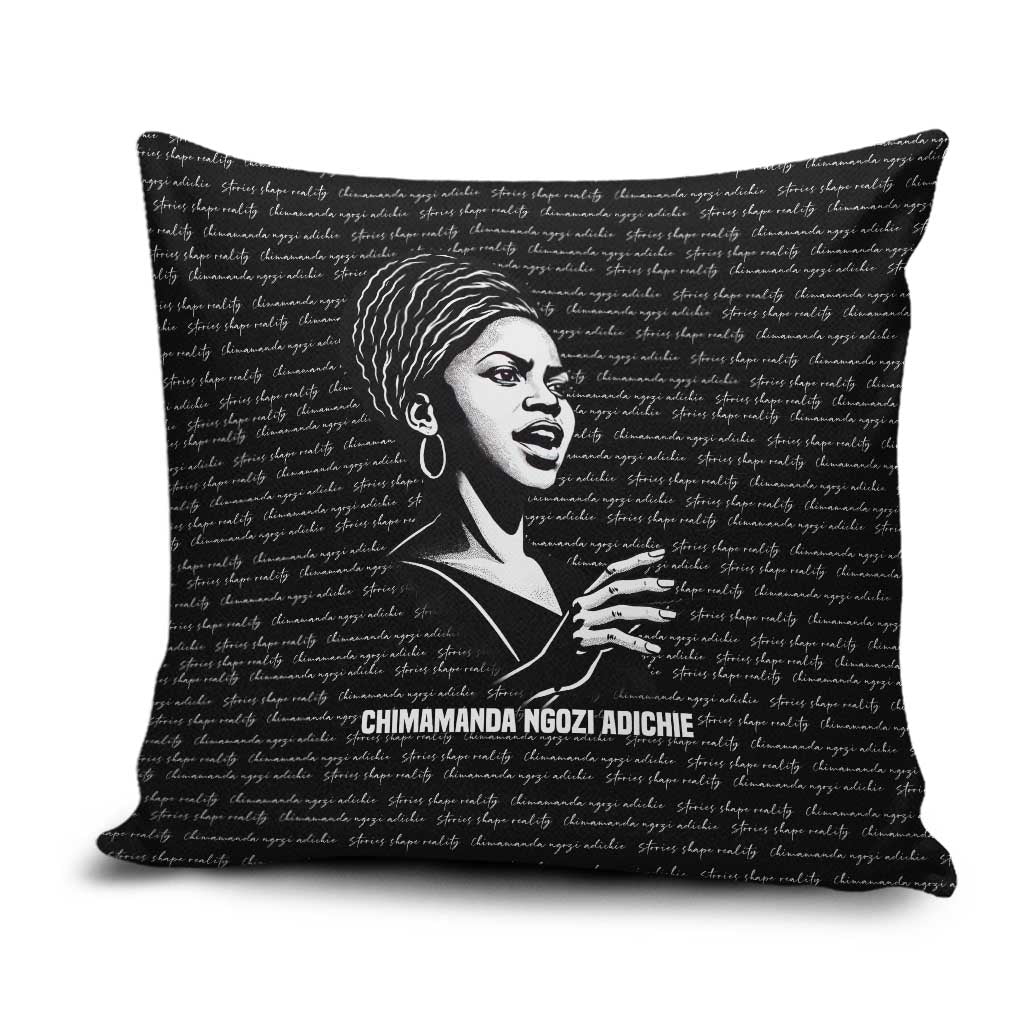 Chimamanda Ngozi Adichie Pillow Cover with Expressive Speaking Portrait, Stories Shape Reality - Wonder Print Shop